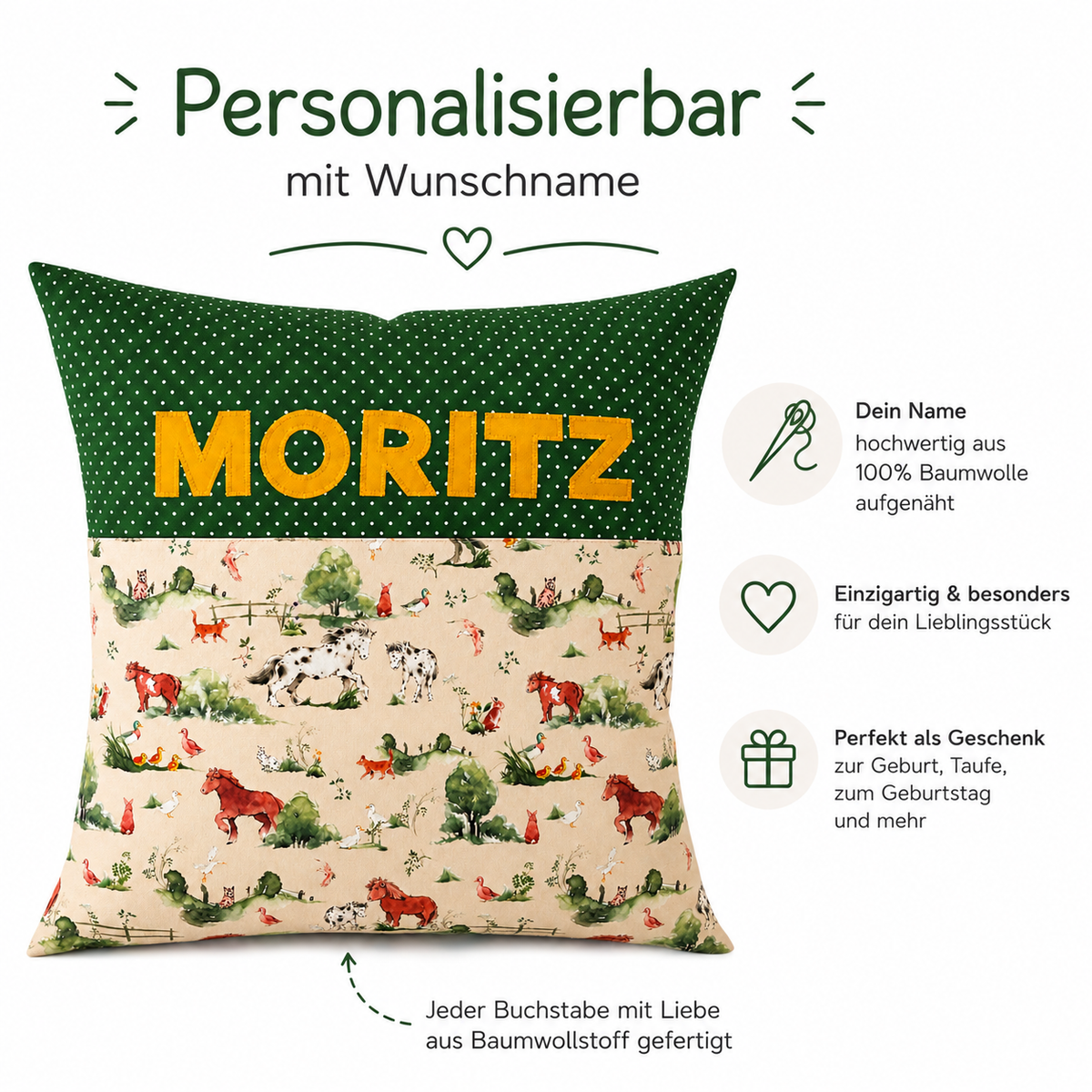 Pferdekissen für Kinder mit Namen – personalisiertes Kissen 40x40 cm