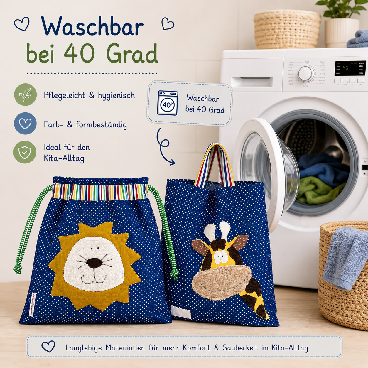 Kindergartenset Löwe & Giraffe – Wetbag & Garderobenbeutel