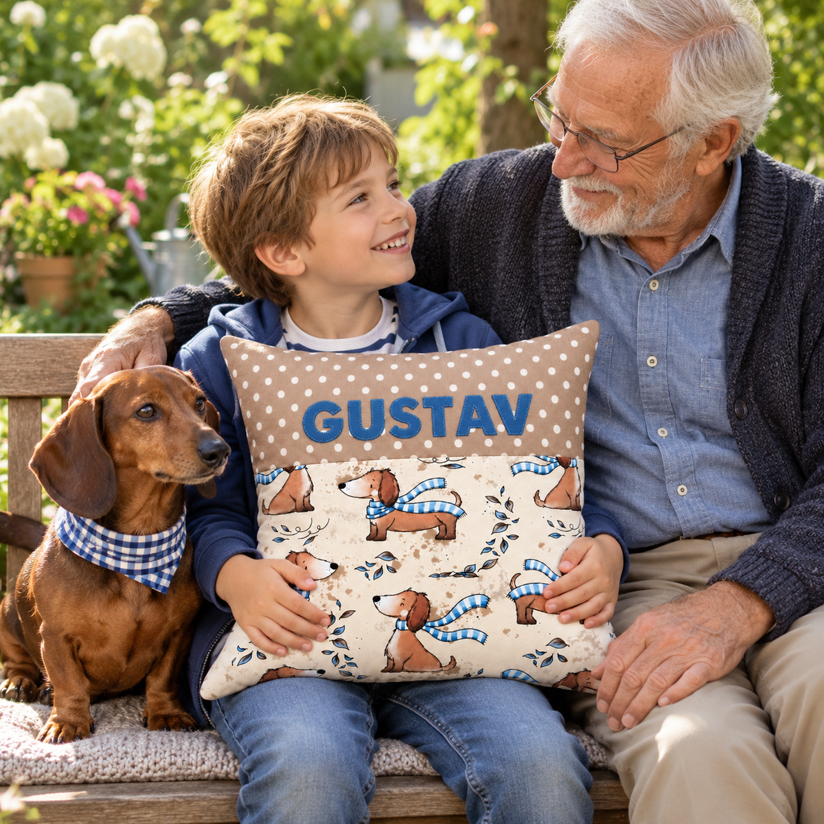 Dackelkissen mit Namen 40 × 40 cm – Geschenk für deinen Enkel