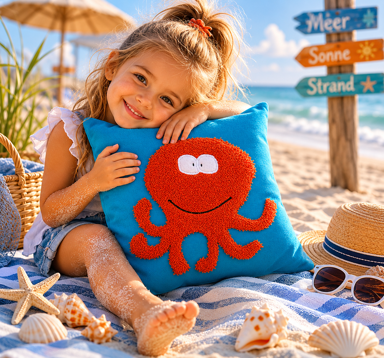 Reisekissen Tintenfisch 30x30 cm – Handgenähtes Kinderkissen für Auto, Urlaub & Ausflüge