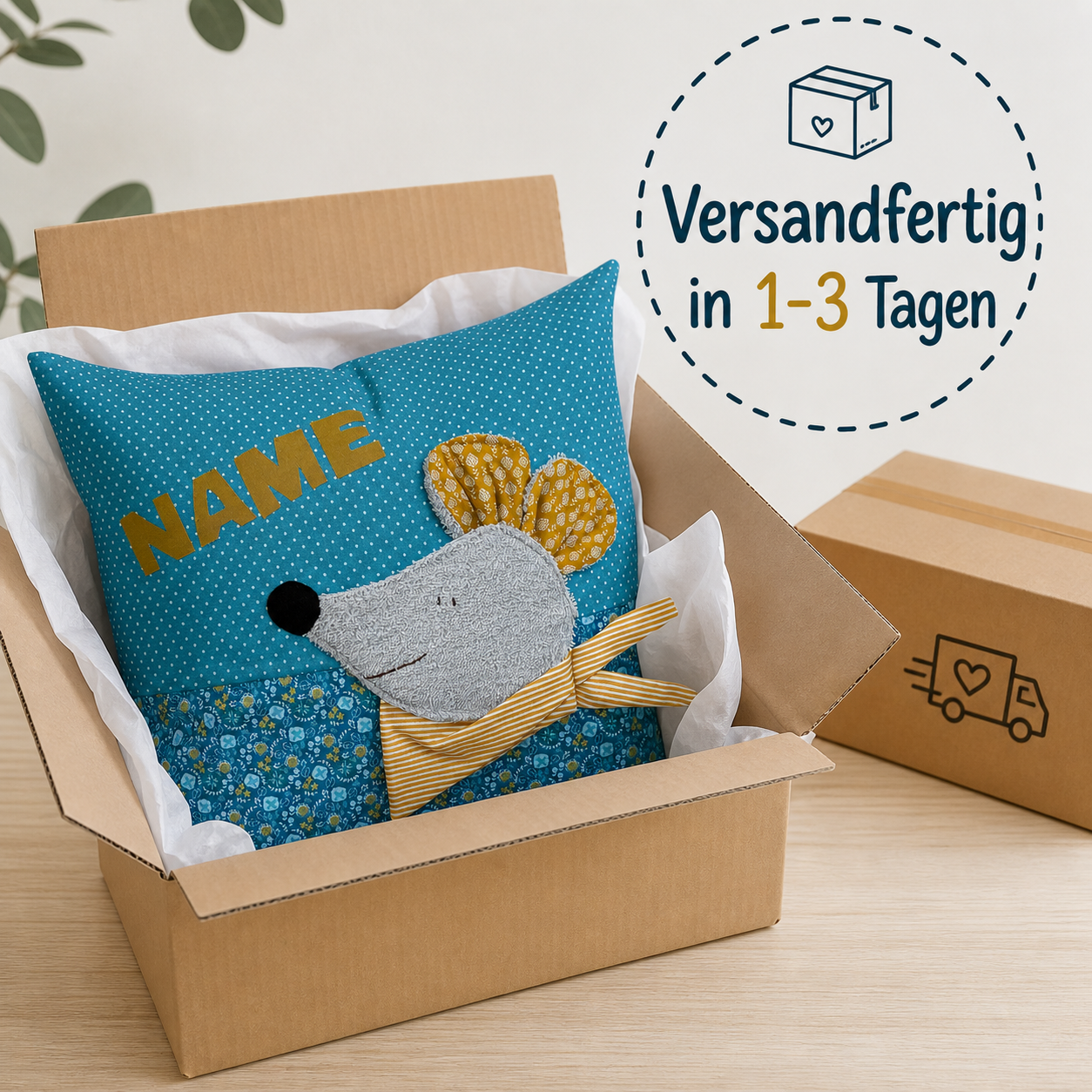 Kinderkissen Maus personalisiert mit Namen – Kuschelkissen für Kinder