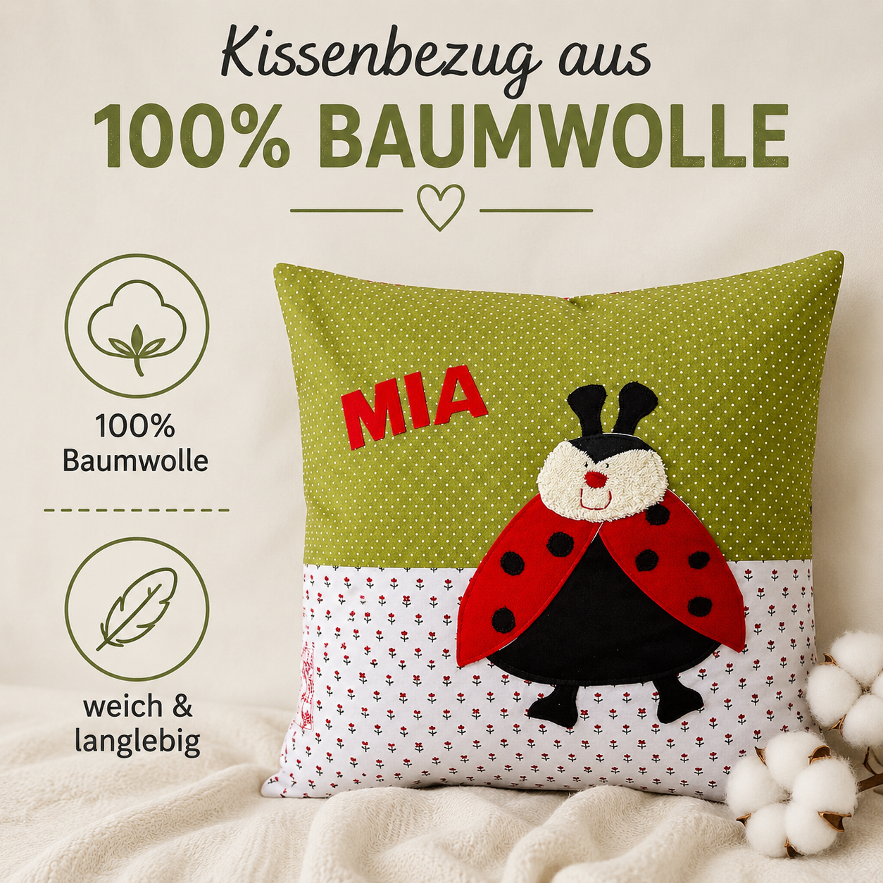 Kissen Marienkäfer personalisiert- Geschenk zur Geburt und Taufe| Handmade