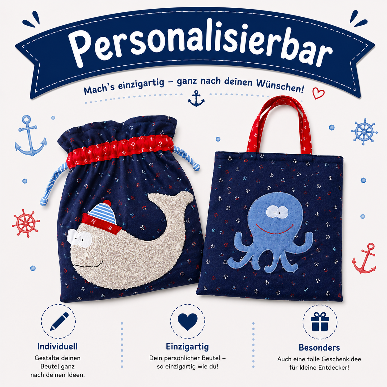 Wetbagset Wal & Tintenfisch | KitaSet mit Wetbag & Garderobenbeutel | personalisierbar