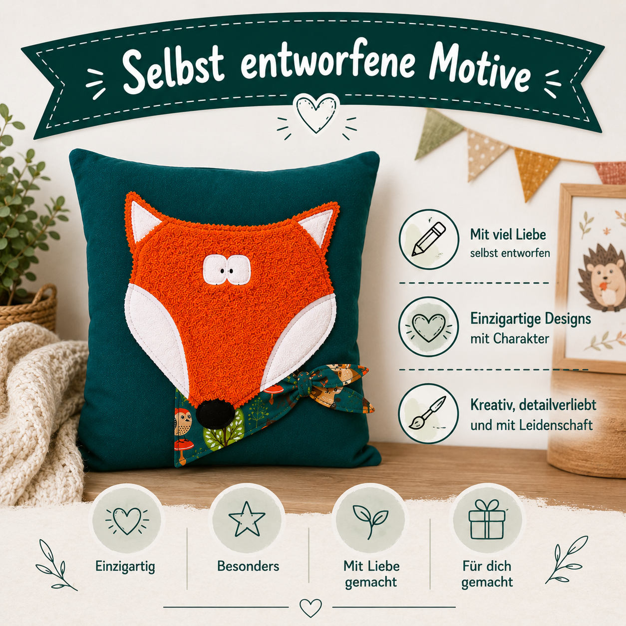 Reisekissen Fuchs 30x30 cm – Handgemachtes Kinderkissen für Auto, Urlaub & Ausflüge