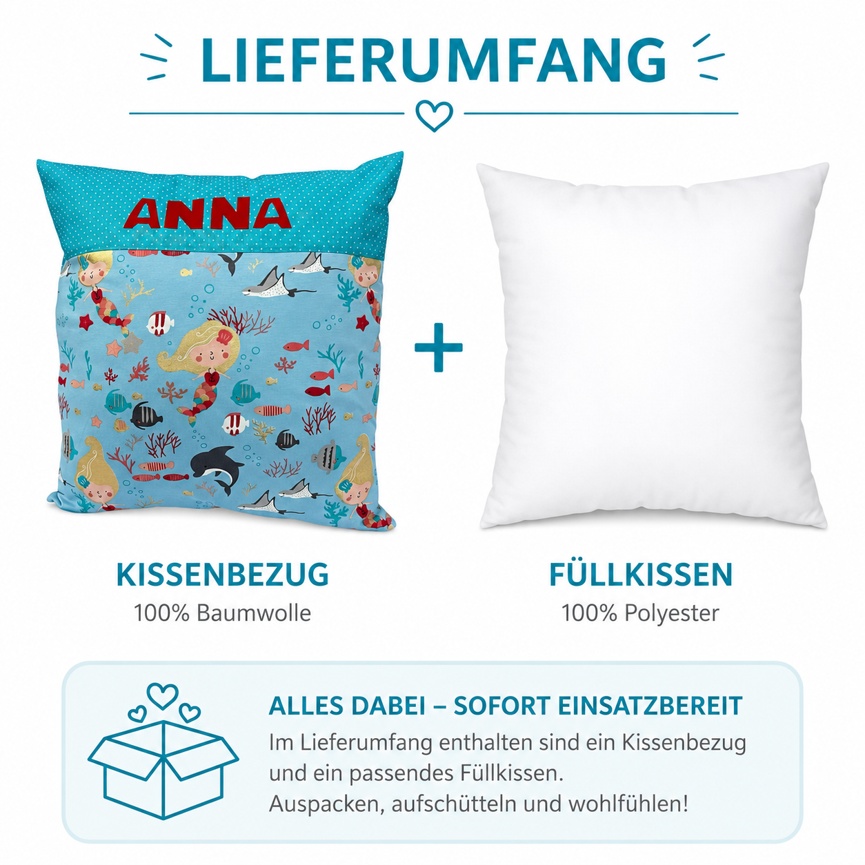 Meerjungfrau Kissen mit Namen personalisiert – Kinderkissen 40x40 cm aus Baumwolle