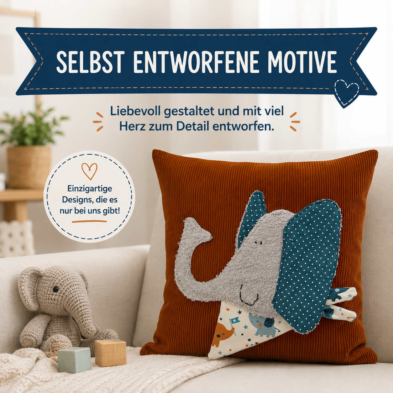 Reisekissen Elefant 30x30 cm – Handgenähtes Kinderkissen für Auto & Urlaub