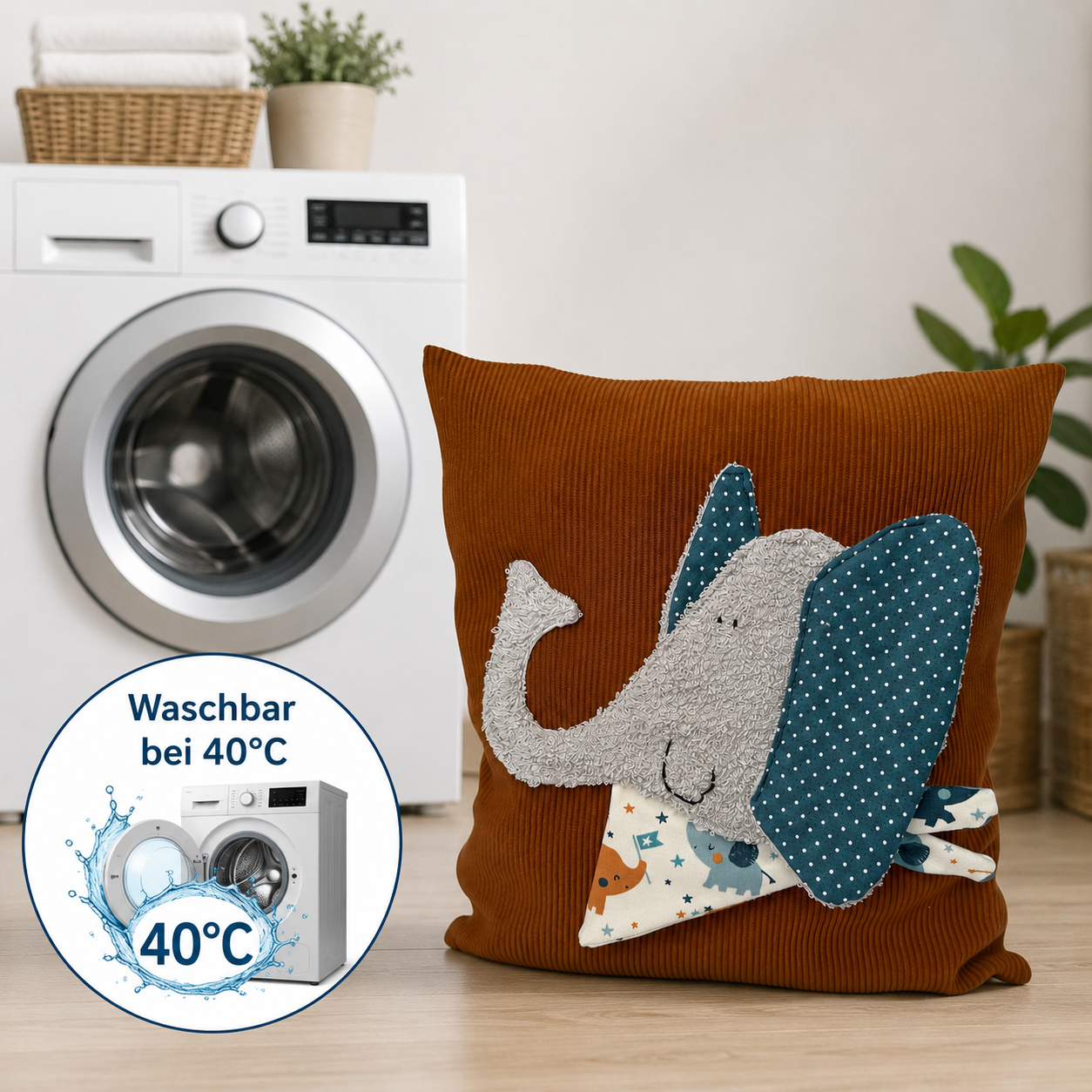 Reisekissen Elefant 30x30 cm – Handgenähtes Kinderkissen für Auto & Urlaub