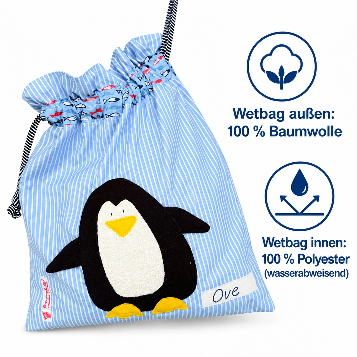 Personalisierte Nasstasche für Jungen – Pinguin