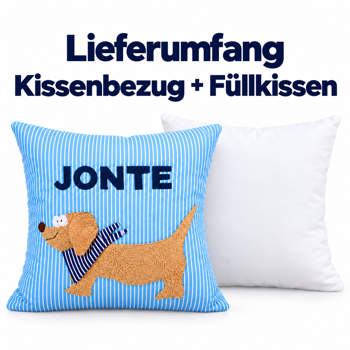 Dackel Kissen mit Namen – hellblau gestreift, 40 × 40 cm