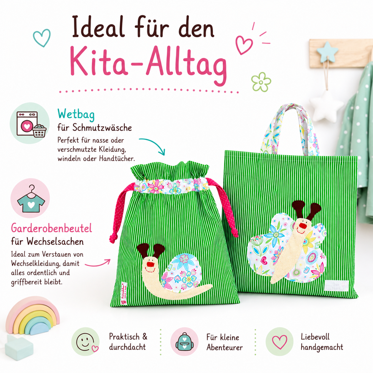 Wetbagset Mädchen Schnecke & Schmetterling – Kindergartenset mit Namen