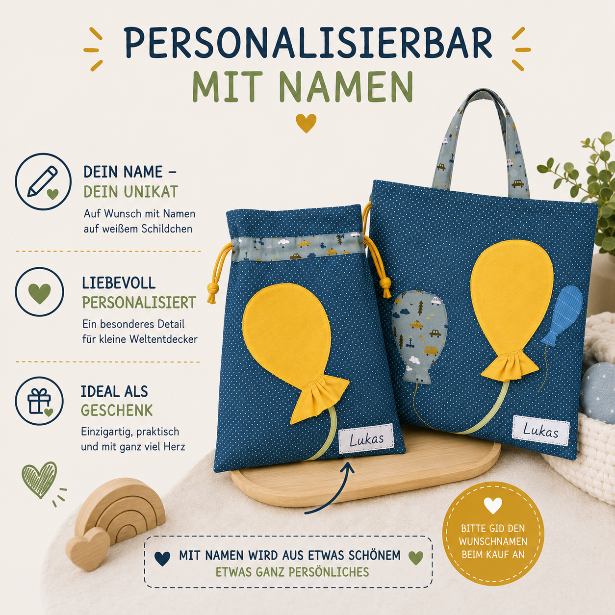 Wetbagset Junge mit Luftballons – Kindergartenset personalisierbar