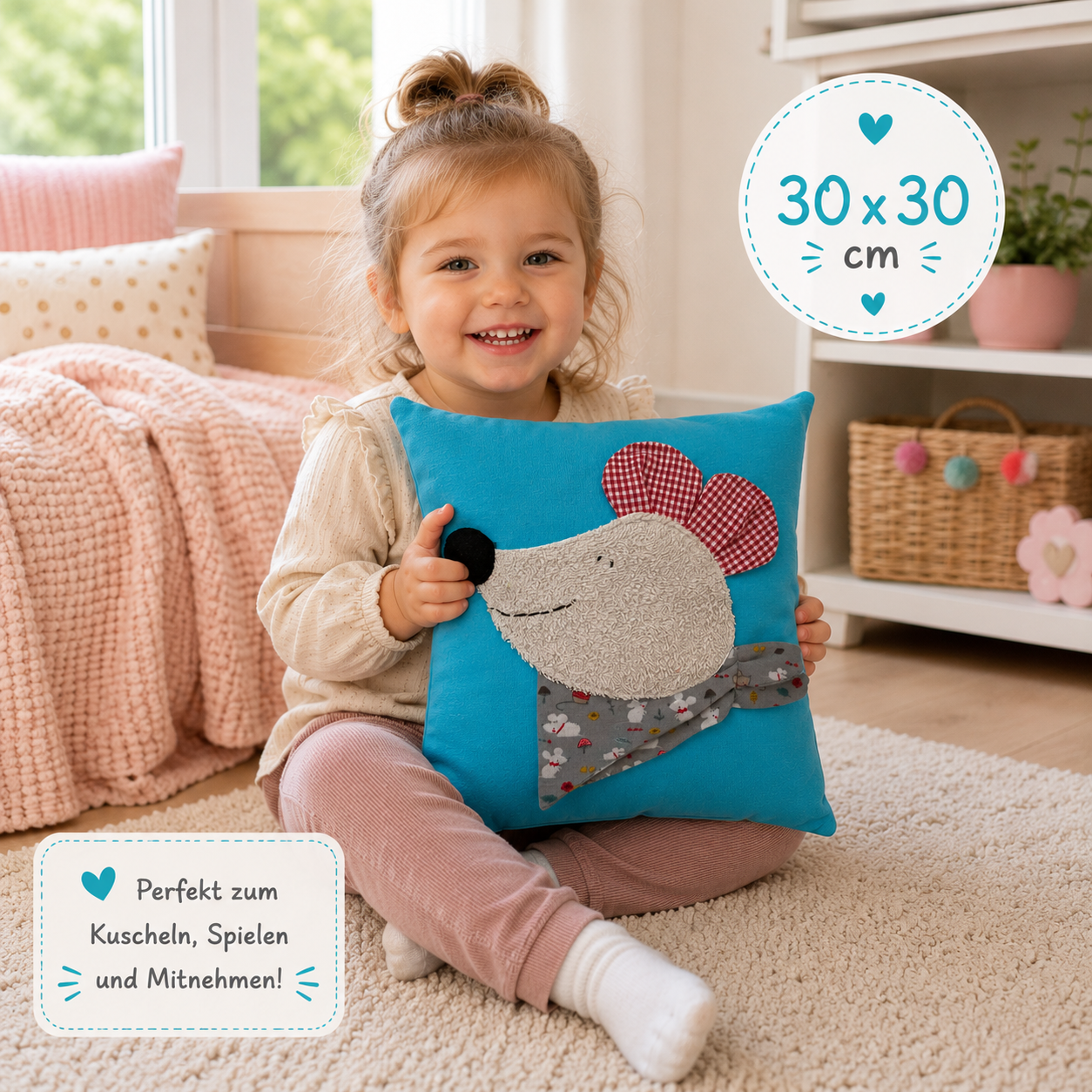 Reisekissen für Kinder Maus – Kuschelkissen 30x30 | Geschenk zur Geburt