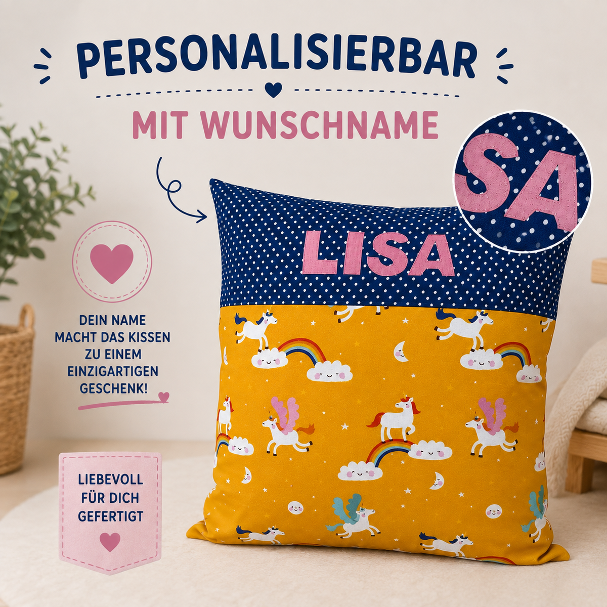 Einhornkissen mit Namen – personalisiertes Kissen 40 × 40 cm