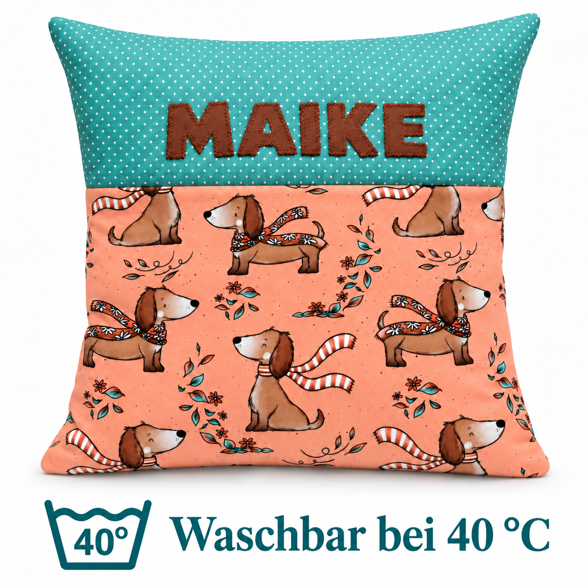 Personalisiertes Dackelkissen für Mädchen mit Wunschname – 40 × 40 cm
