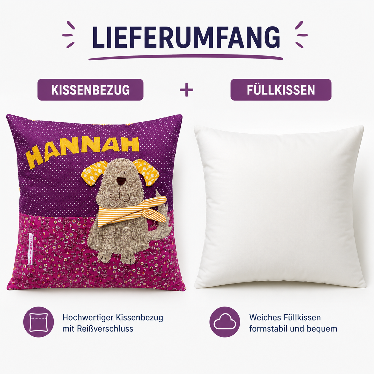 Kissen personalisiert Hund – Kinderkissen mit Namen | Handgemachtes Kuschelkissen 40x40 cm