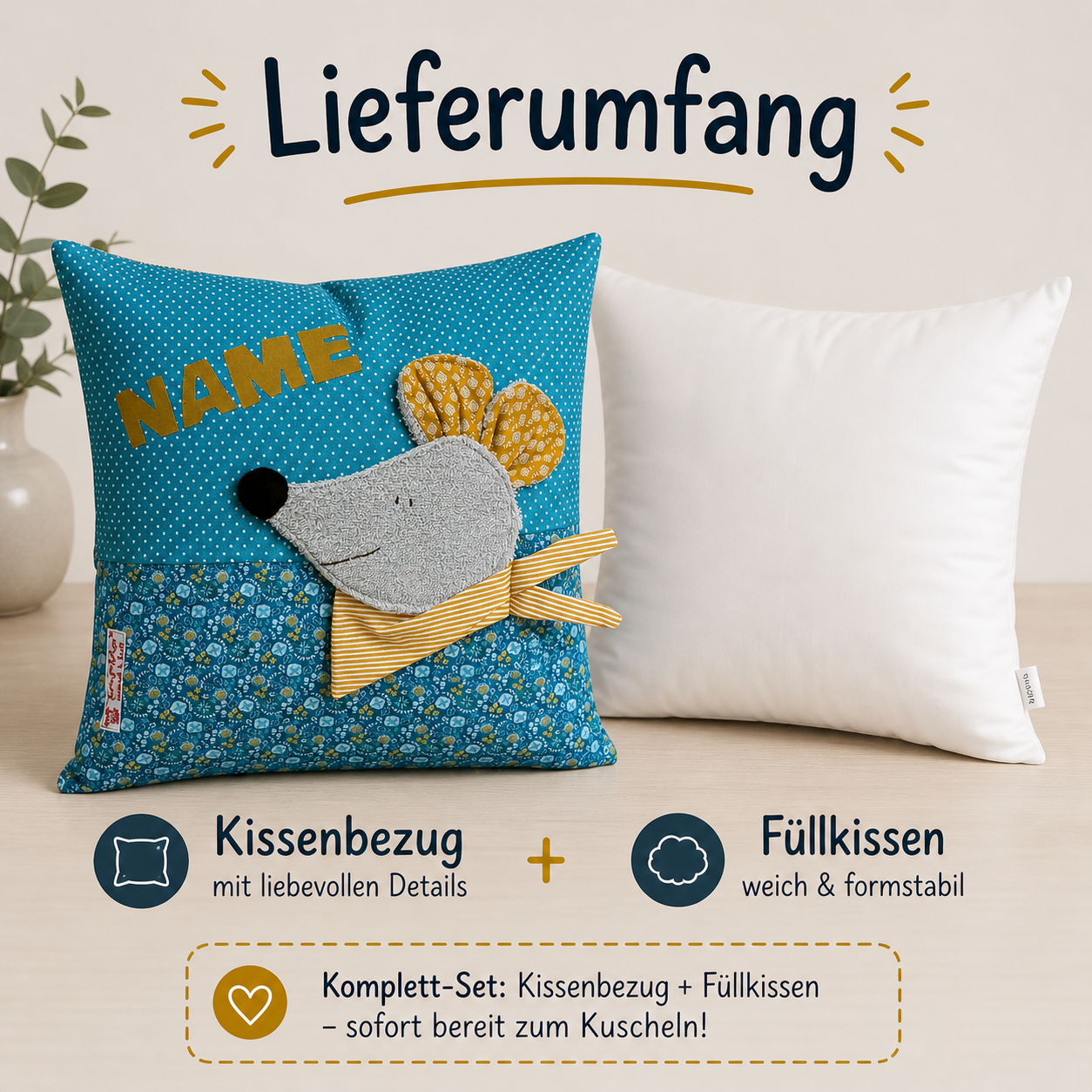 Kinderkissen Maus personalisiert mit Namen – Kuschelkissen für Kinder