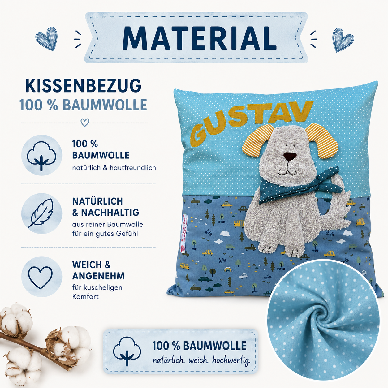 Kissen Hund mit Namen – Personalisiertes Kinderkissen 40x40 cm in Rauchblau | Geschenk zur Geburt, Taufe & 1. Geburtstag