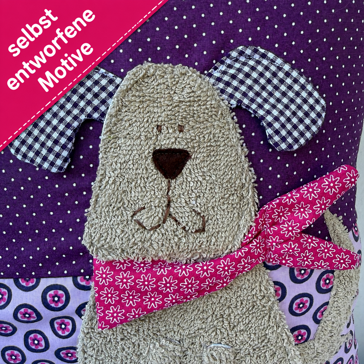Lila personalisiertes Kinderkissen mit Namen Mira und Hund-Applikation aus Frottee, handgenäht aus Baumwolle im farbenfrohen Mustermix, 40x40 cm Kuschelkissen für Mädchen
selbst entworfene Motive