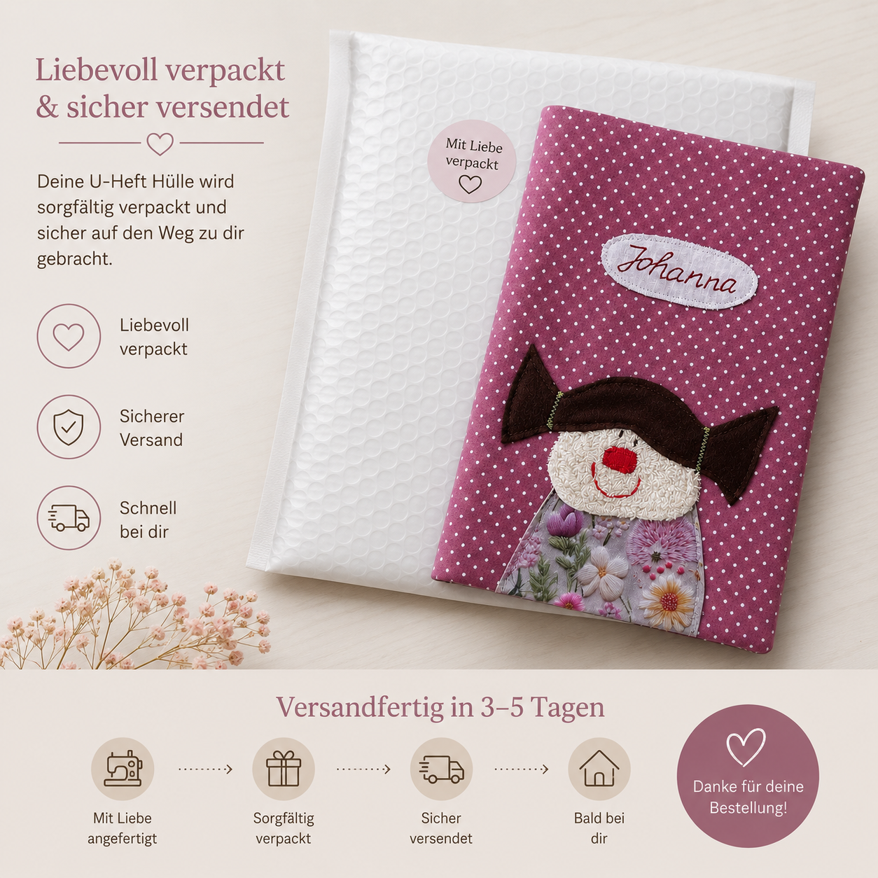 U-Heft Hülle Mädchen Altrosa personalisiert | Geschenk zur Geburt mit Namen
