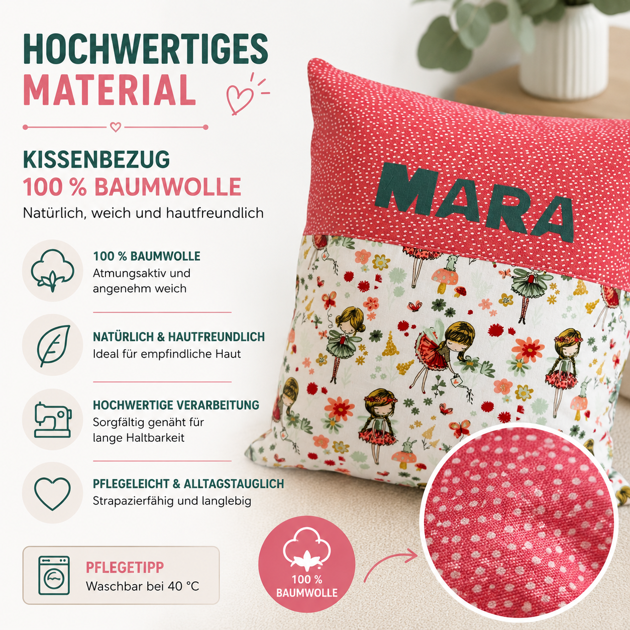 Kissen mit Namen Elfen & Feen | Personalisiertes Kinderkissen 40x40 cm | Geschenk für Mädchen