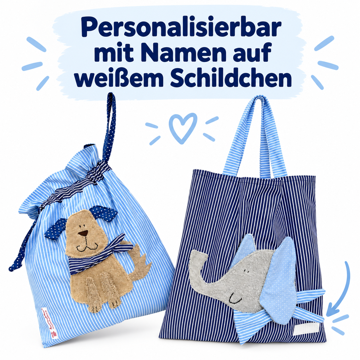 Kindergarten Set für Jungen mit Namen – Hund & Elefant