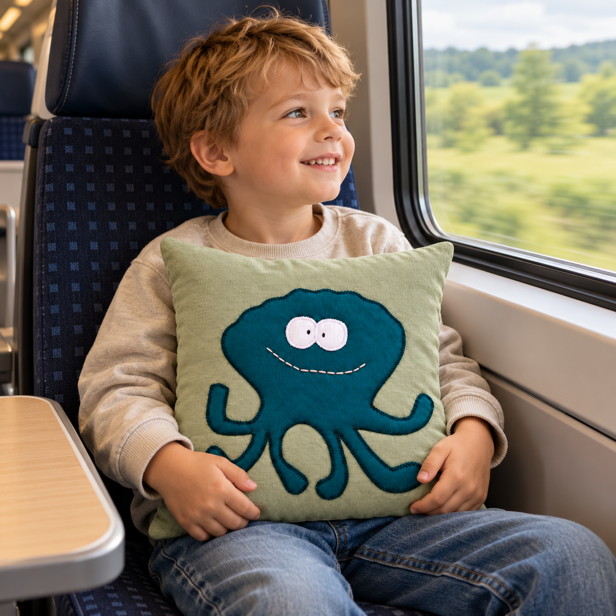 Reisekissen Tintenfisch 30 × 30 cm – Salbei & Petrol