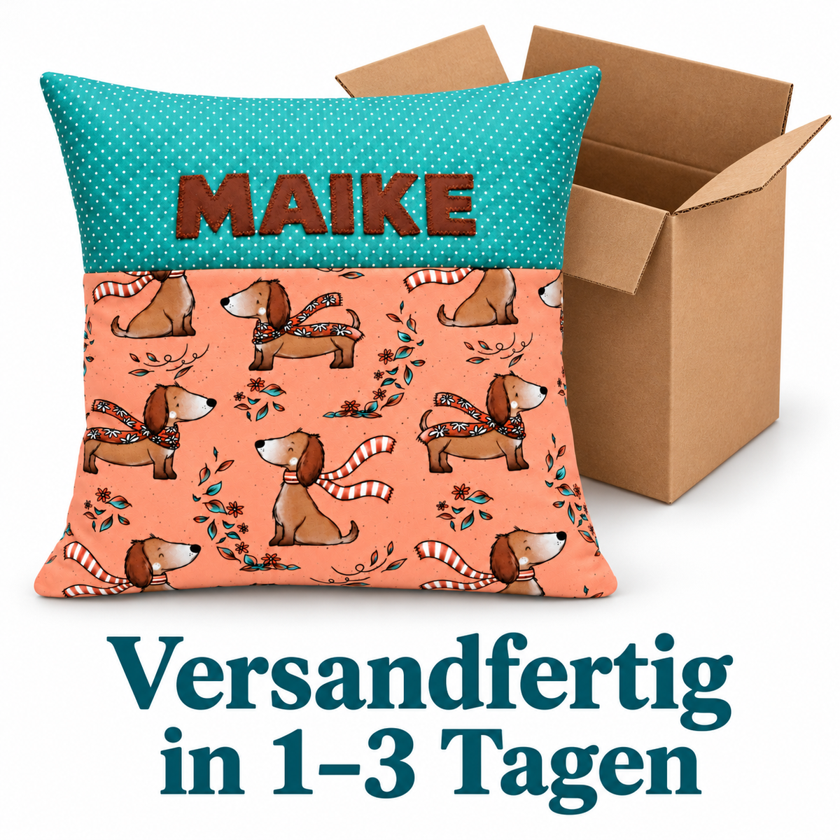Personalisiertes Dackelkissen für Mädchen mit Wunschname – 40 × 40 cm