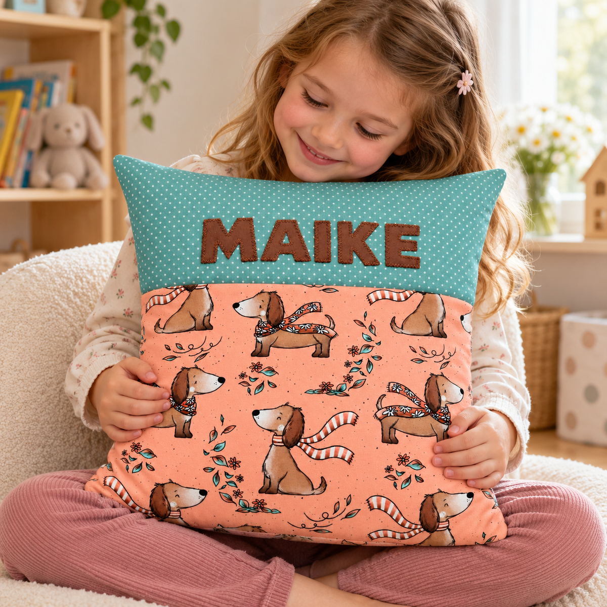 Personalisiertes Dackelkissen für Mädchen mit Wunschname – 40 × 40 cm