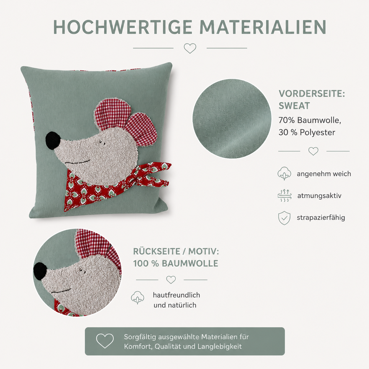 Reisekissen Maus für Kinder – Handgemachtes Kuschelkissen 30x30 cm