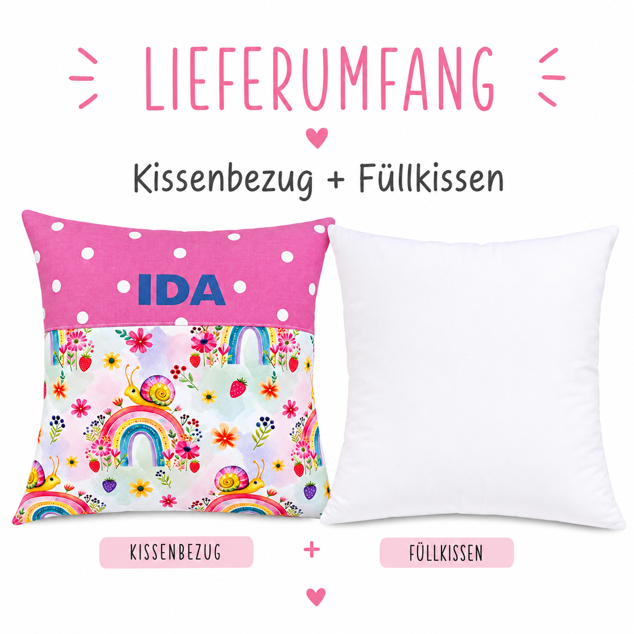 Kissen mit Namen Mädchen – Rosa mit Schnecke & Regenbogen