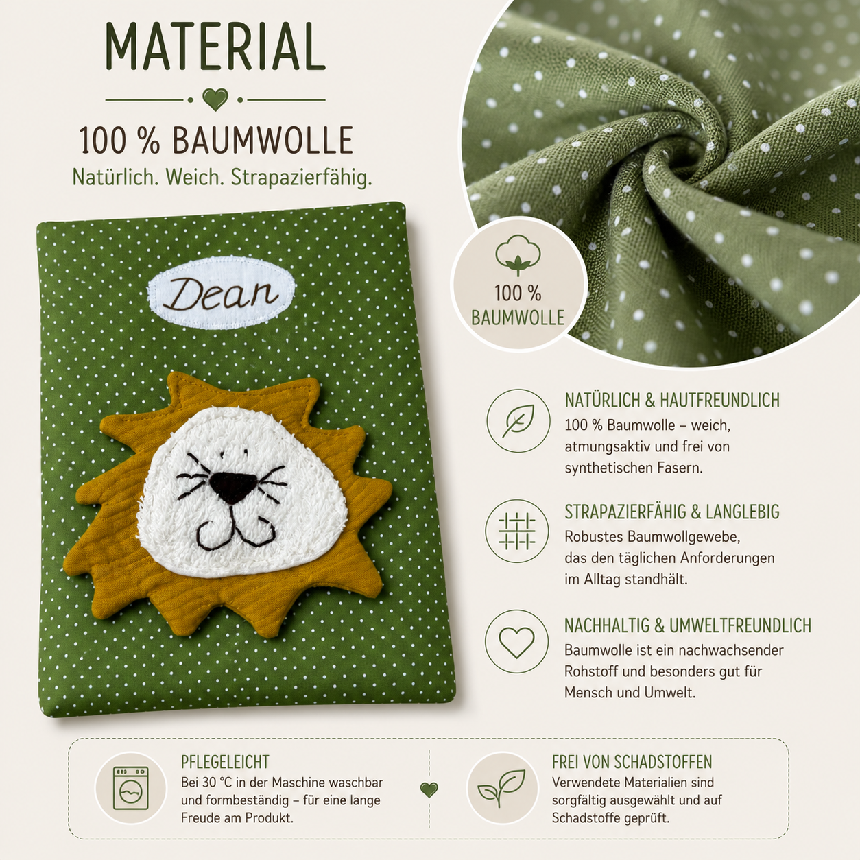 U-Heft Hülle Löwe mit Name – Kinderuntersuchungsheft aus Baumwolle | Personalisiertes Babygeschenk