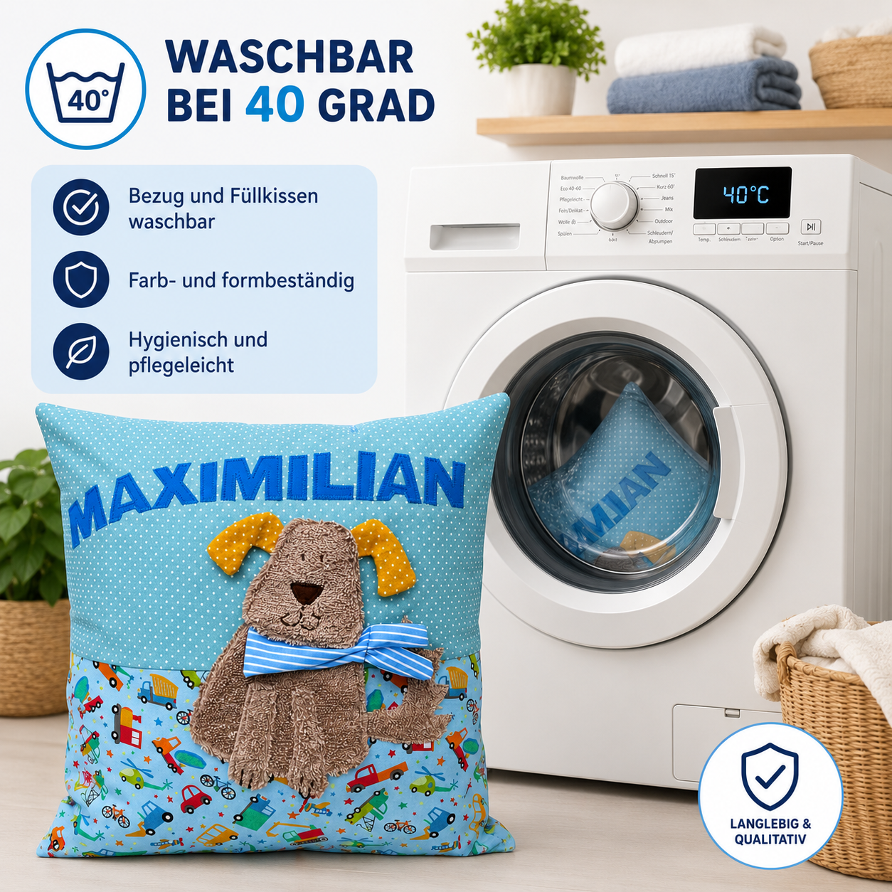 Kissen Hund mit Namen Hellblau Fahrzeuge – Personalisiertes Kinderkissen 40x40 cm | Geschenk zur Geburt