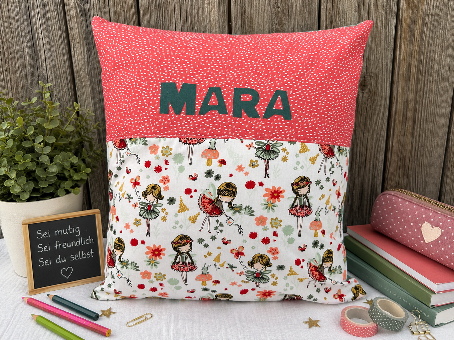 Kissen mit Namen Elfen & Feen | Personalisiertes Kinderkissen 40x40 cm | Geschenk für Mädchen