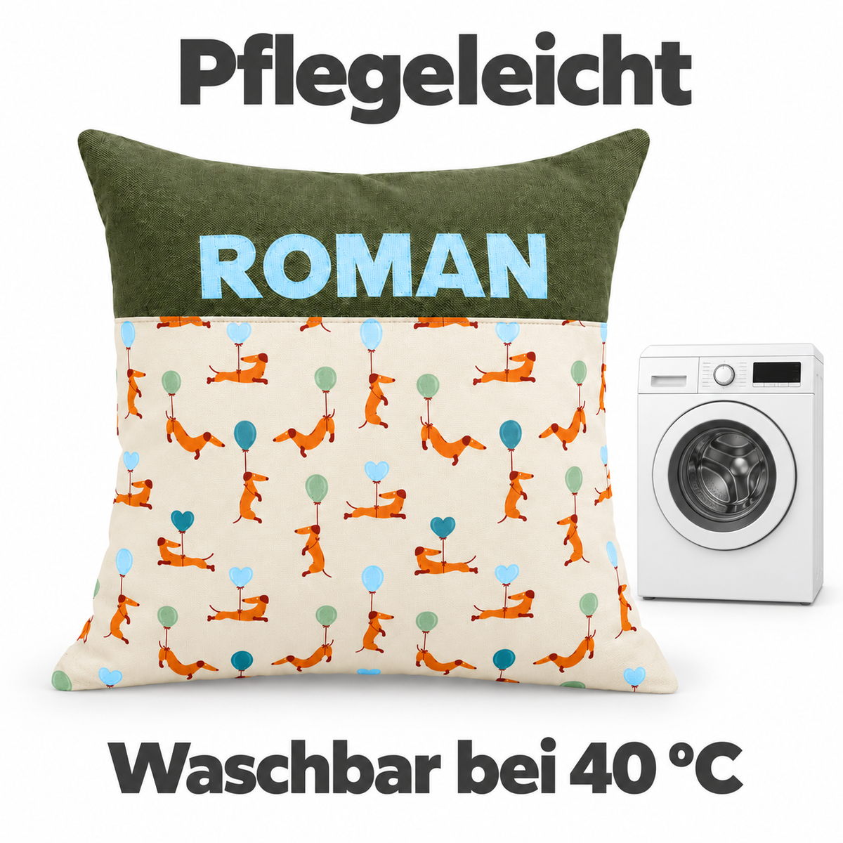Dackelkissen mit Namen – personalisiertes Kinderkissen 40 × 40 cm