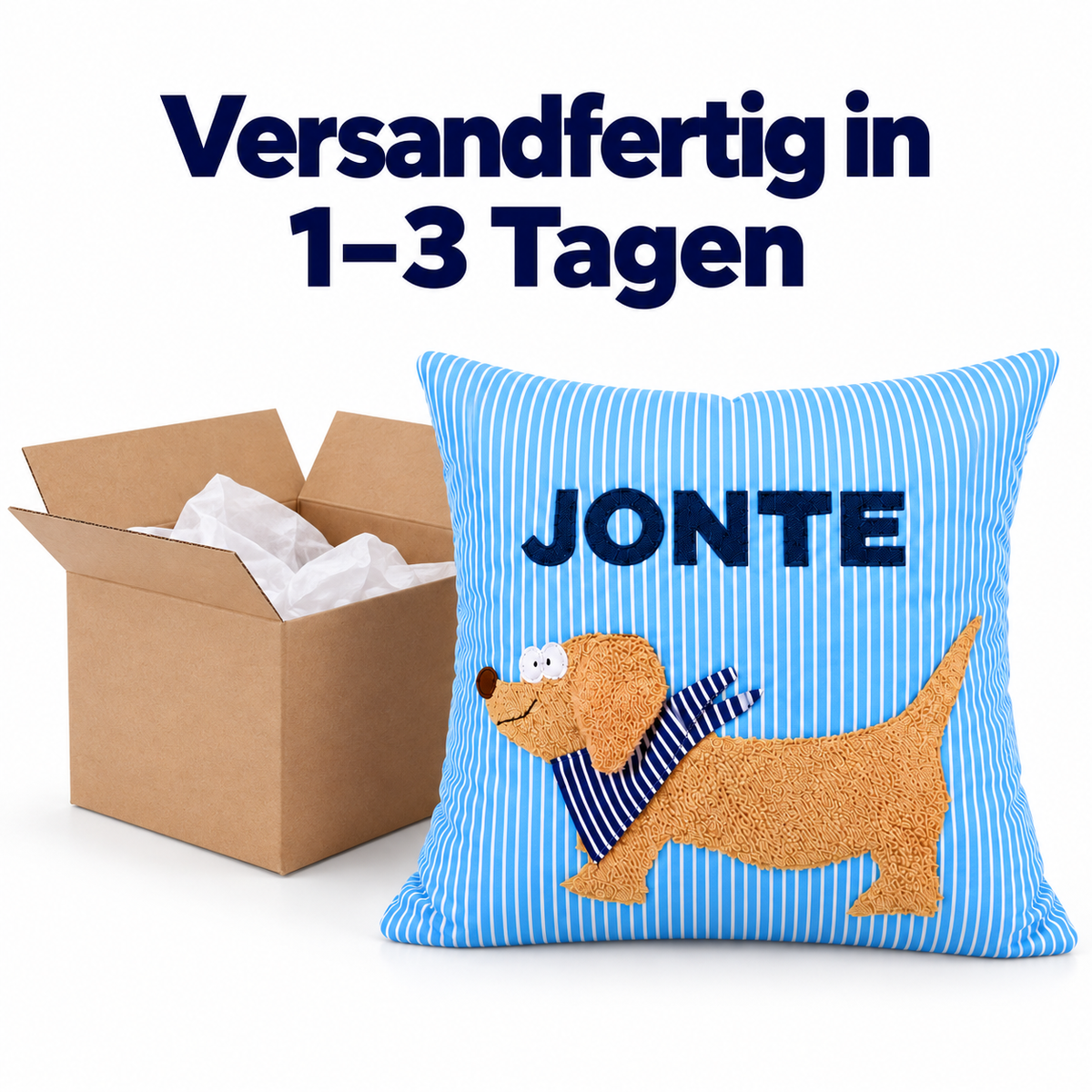 Dackel Kissen mit Namen – hellblau gestreift, 40 × 40 cm