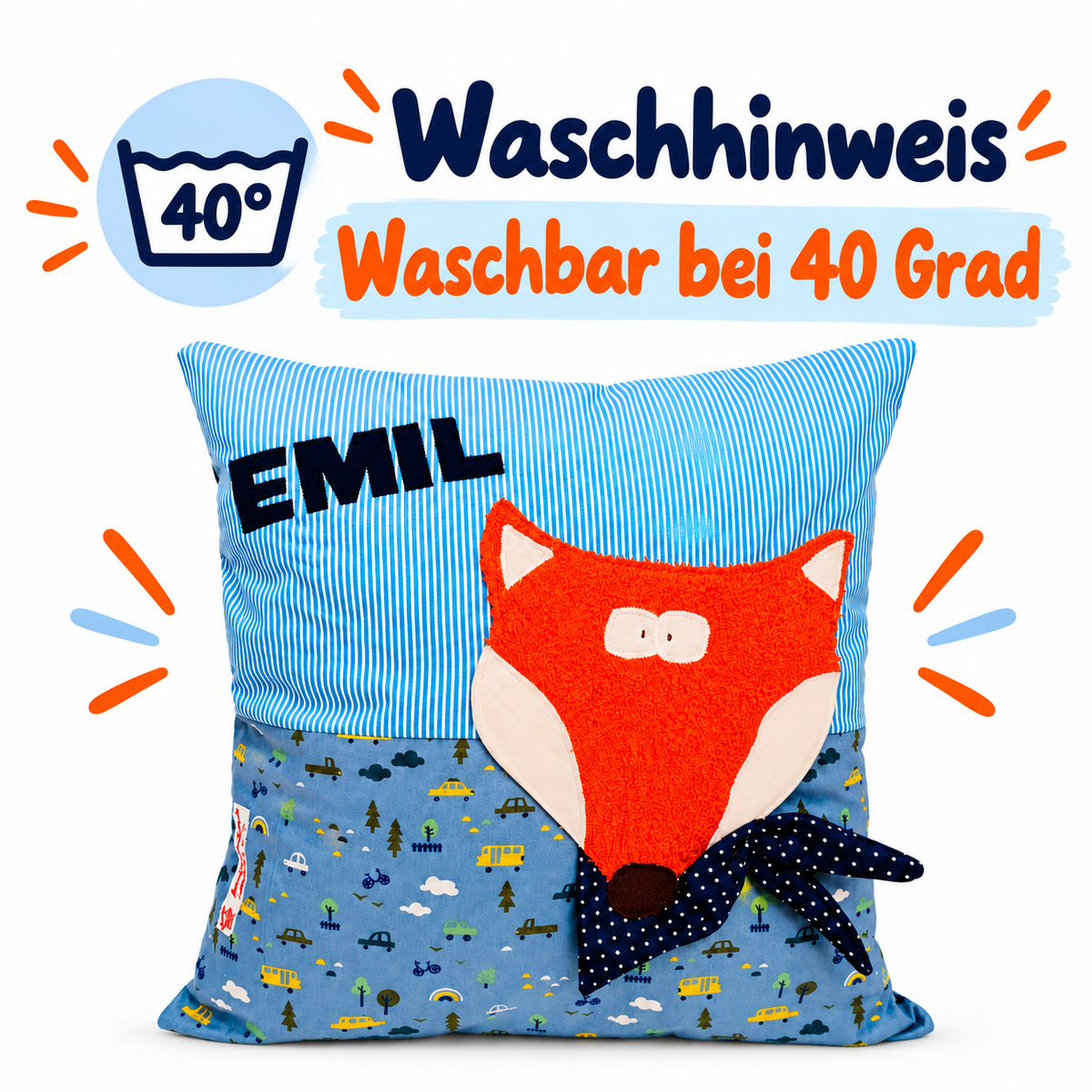 Fuchskissen mit Namen – personalisiertes Kinderkissen 40×40 cm