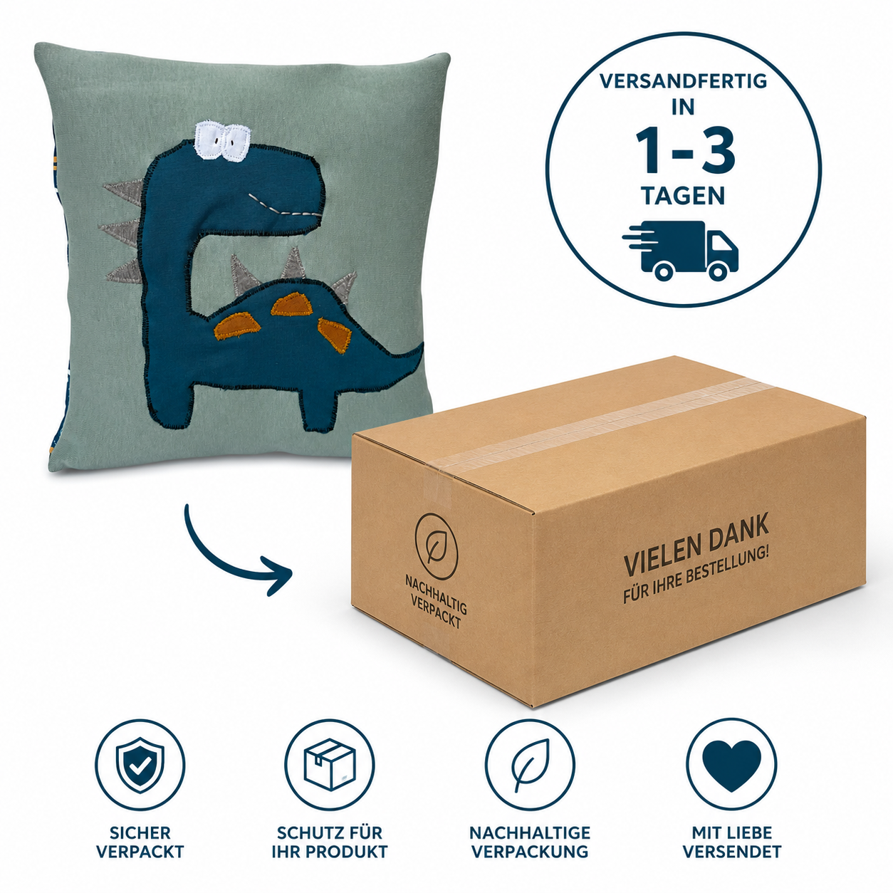 Reisekissen Dino 30x30 cm – Handgenähtes Kinderkissen für Auto, Urlaub & Kindergarten