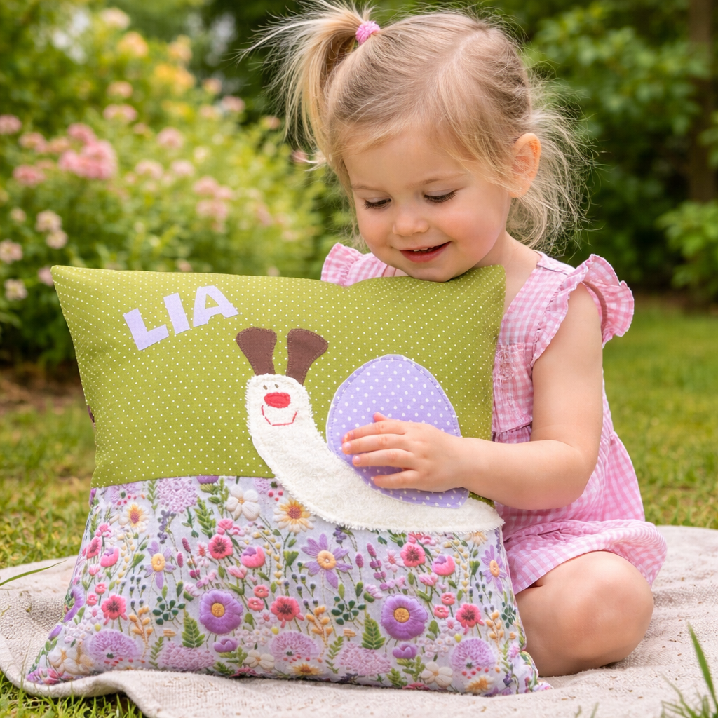 Kuschelkissen Schnecke mit Namen – personalisiertes Babygeschenk zur Geburt & Taufe