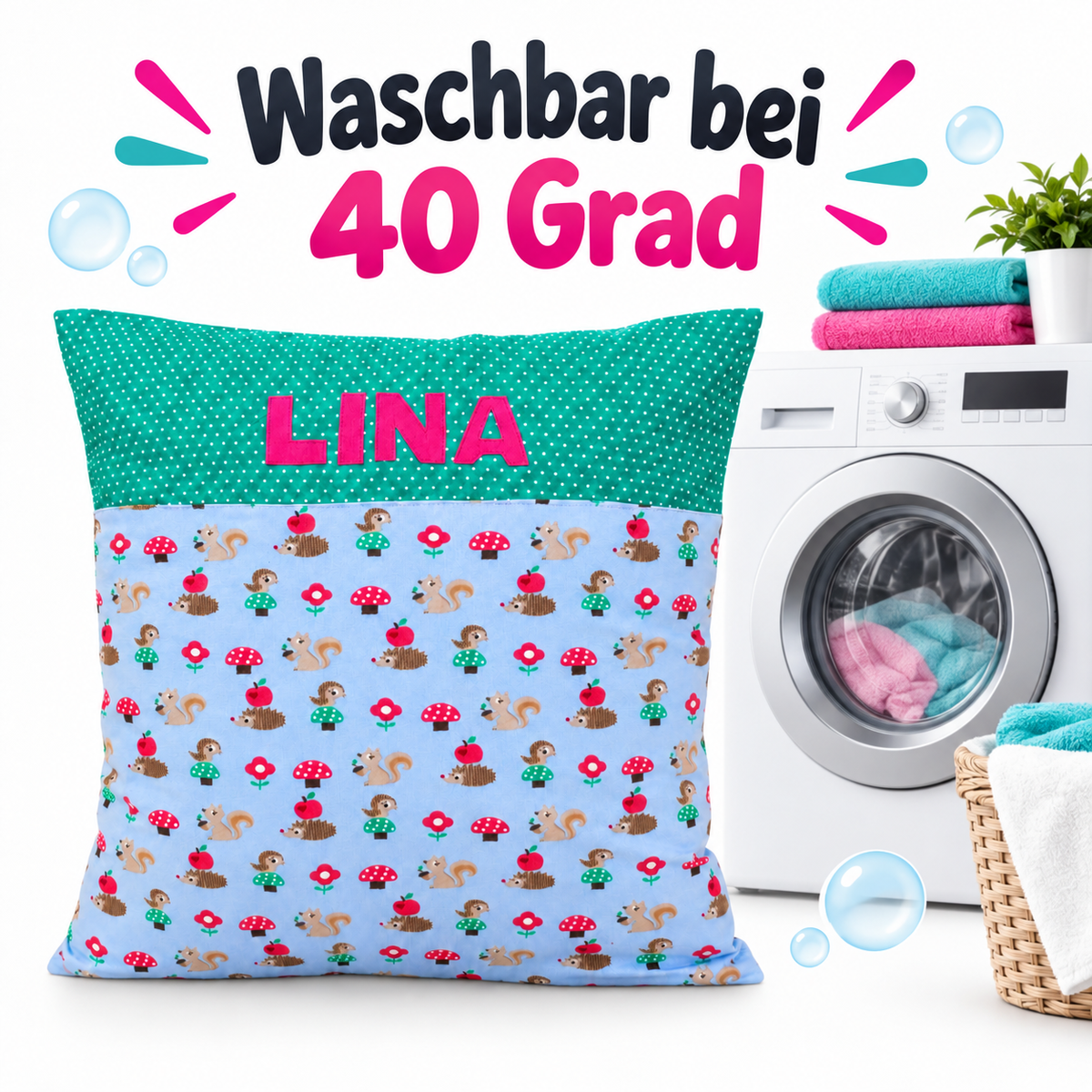 Personalisiertes Kinderkissen mit Namen – Waldtiere – Geburtstagsgeschenk für Mädchen