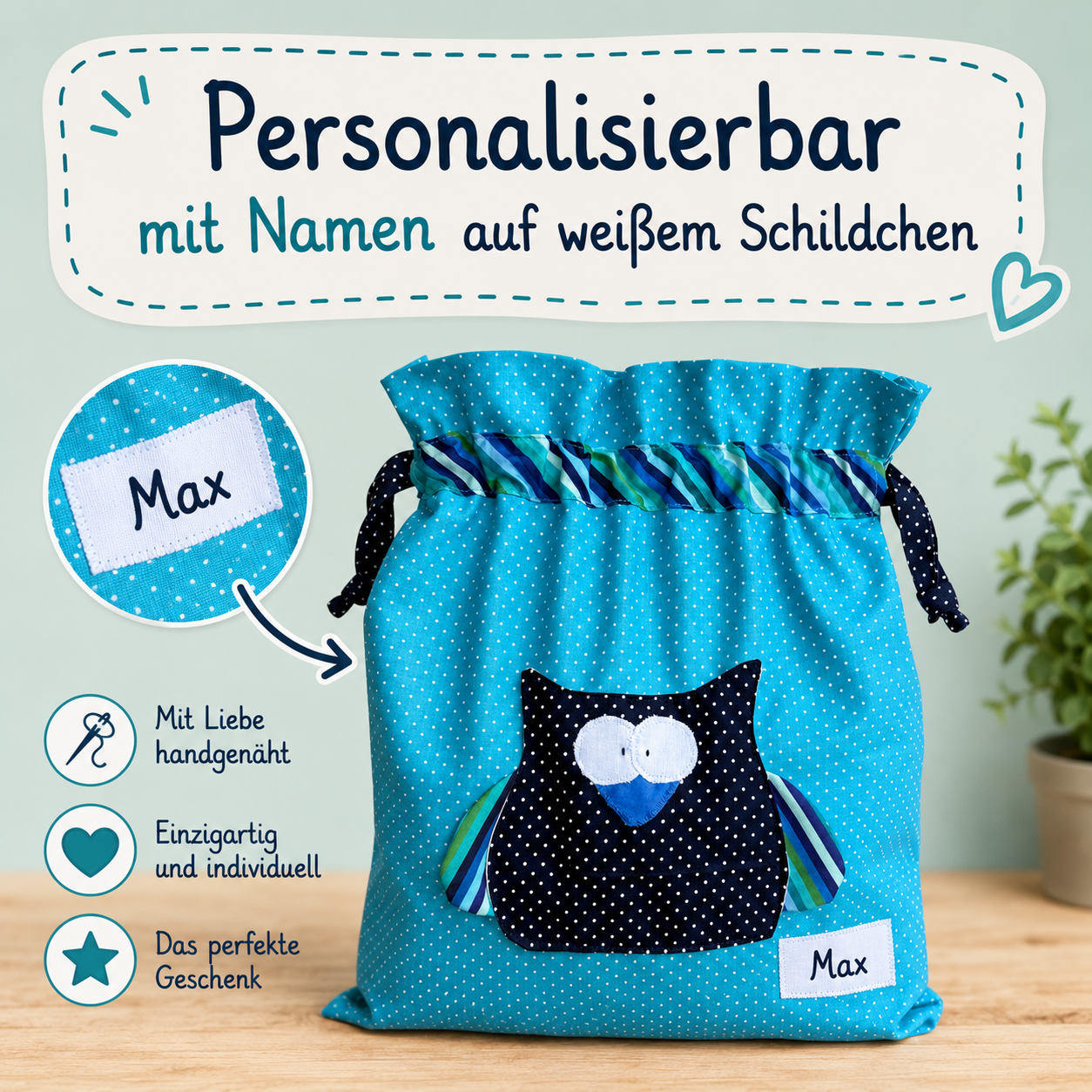 Wetbag Eule personalisiert – Wasserabweisende Nasstasche für Kita & Schwimmen