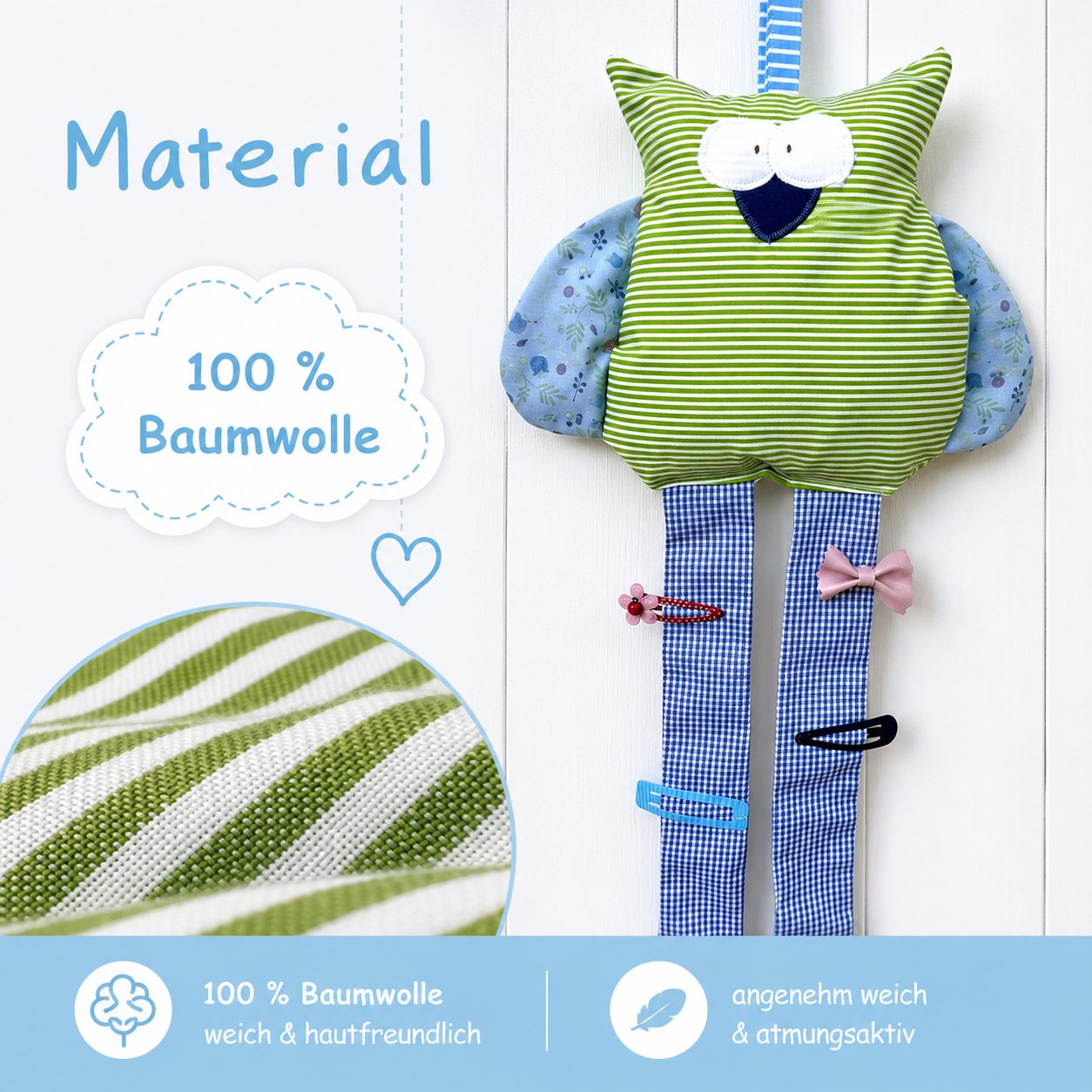 Haarspangenhalter Eule grün – Handmade & dekorativ für Kinderzimmer