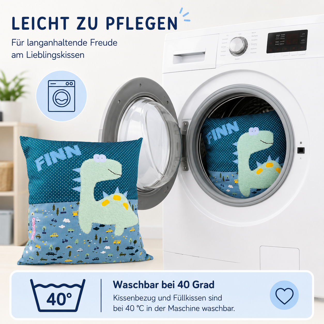 „Kuschelkissen Dino mit Name – Handgemachtes Namenskissen 40x40 cm, Geschenkidee für Kinderzimmer“