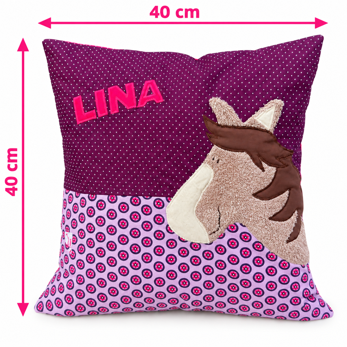 Pferdekissen mit Namen – personalisiertes Kinderkissen Pferd lila/pink