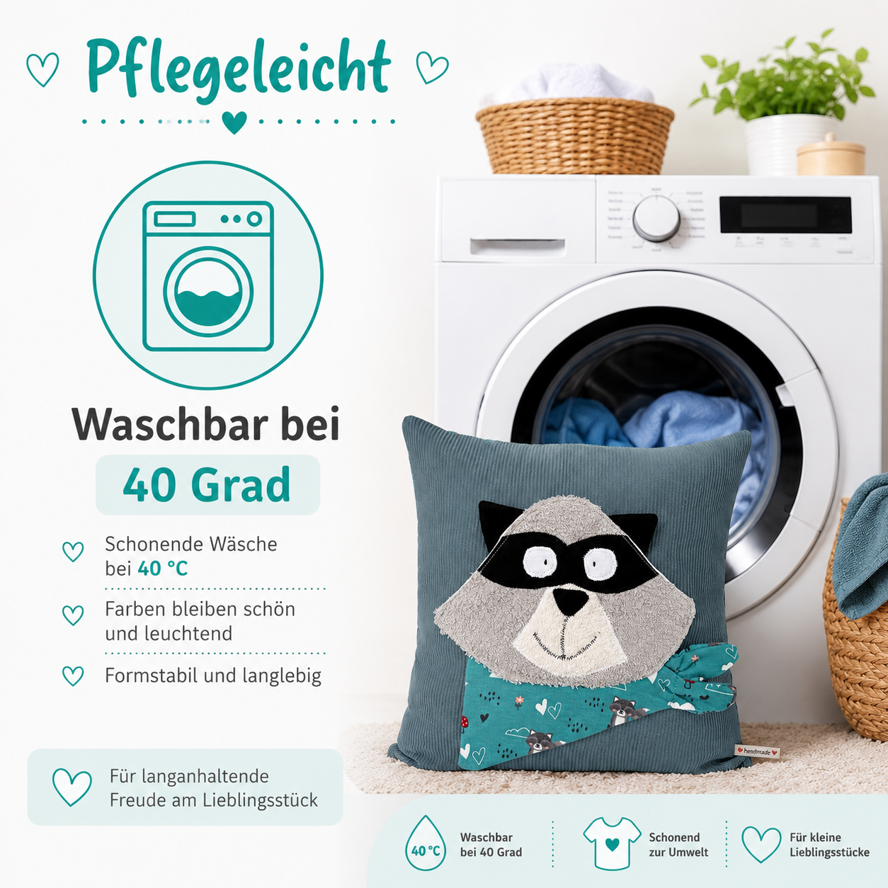 Reisekissen für Kinder Waschbär | Kissen 30x30 | Geschenk für Kindergartenstart