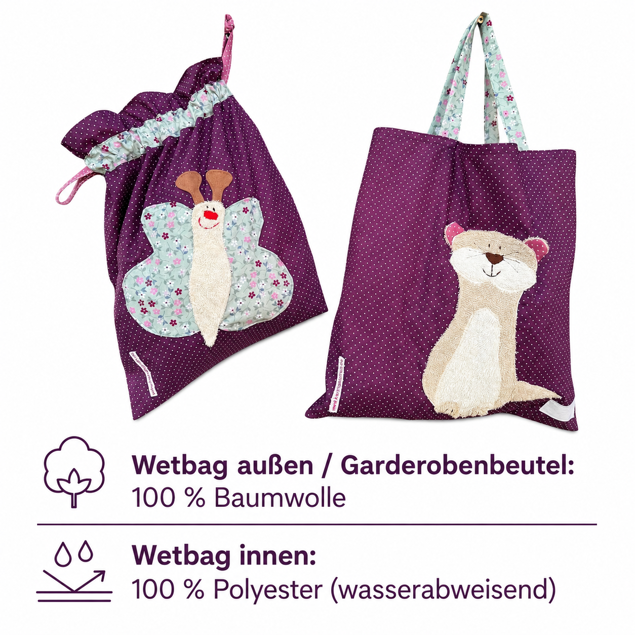 Kita-Set Otter & Schmetterling – Handgemachte Wetbag & Garderobenbeutel mit Namen für Kinder
