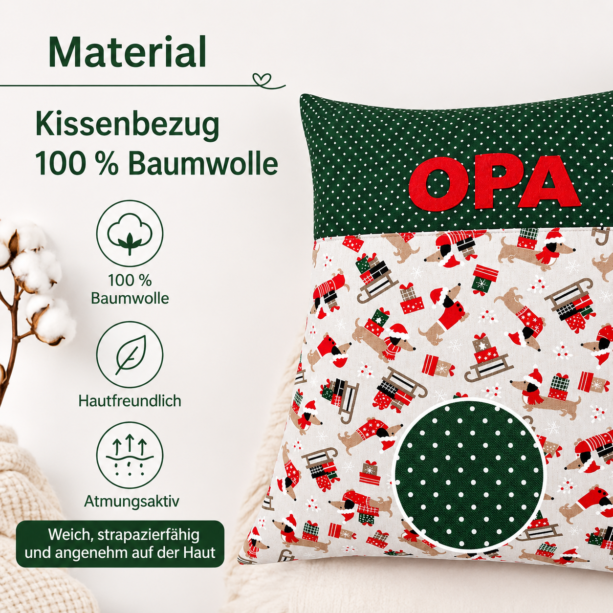 Weihnachtskissen für Opa mit Dackel – personalisierbar