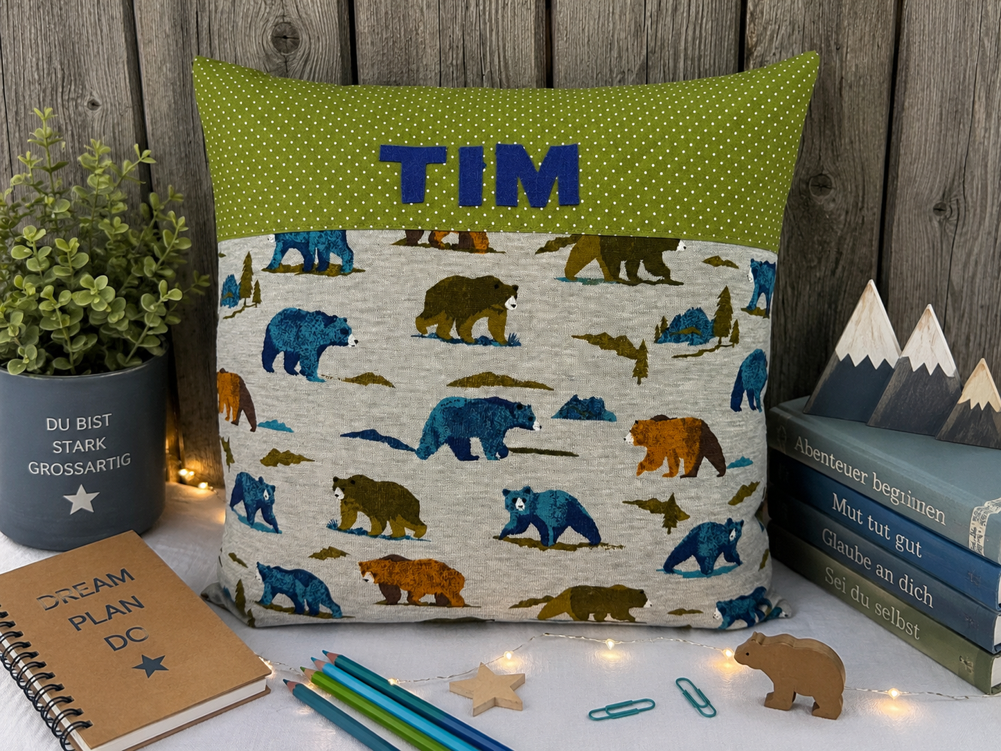 Kissen mit Namen Bären | Personalisiertes Kinderkissen 40x40 cm | Geschenk für Jungen