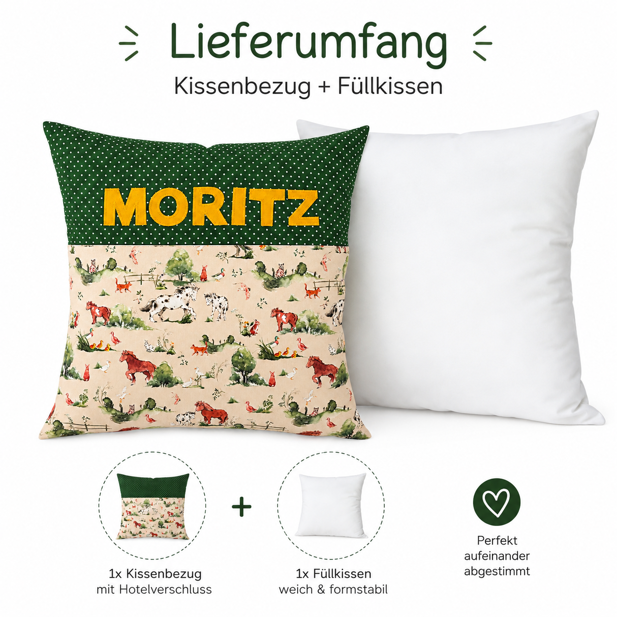 Pferdekissen für Kinder mit Namen – personalisiertes Kissen 40x40 cm