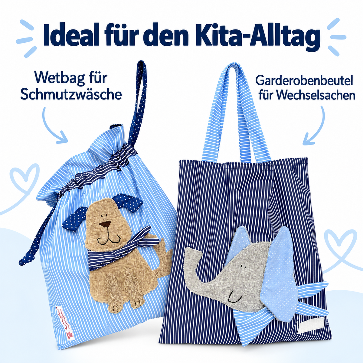 Kindergarten Set für Jungen mit Namen – Hund & Elefant