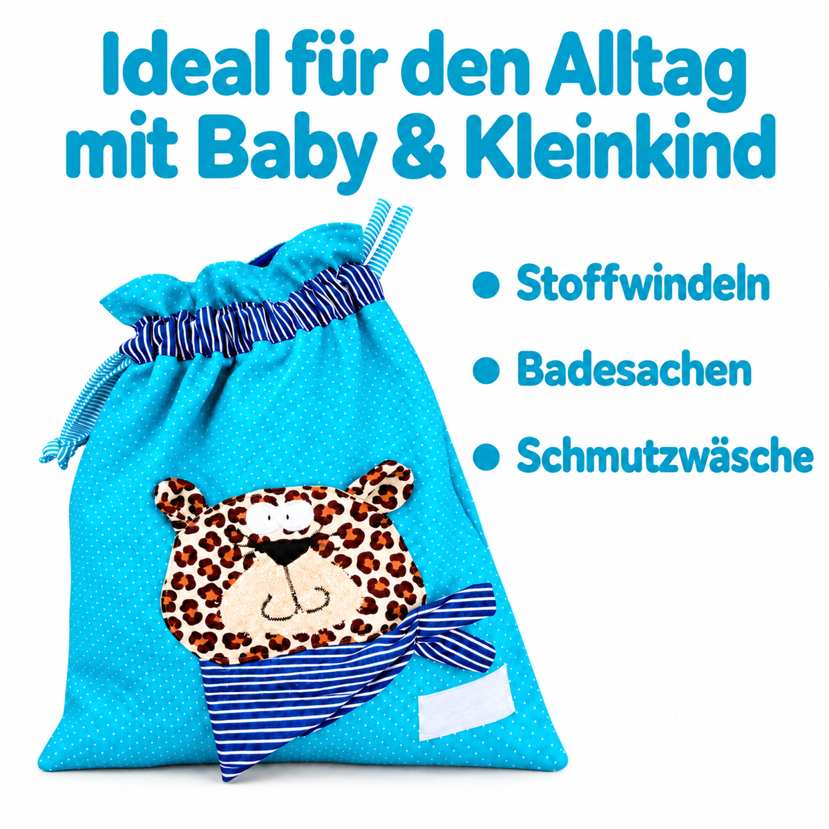 Nasstasche Blau mit Leopard – personalisierbares Geschenk zum 2. Geburtstag